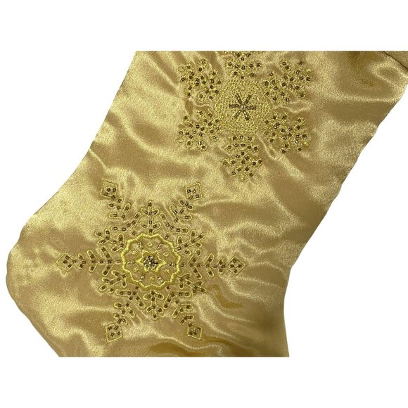 Christmas Holiday Stocking Gold Beaded Satin 2 Lot Snowflakes Elegant Lined NEW - Picture 3 of 5